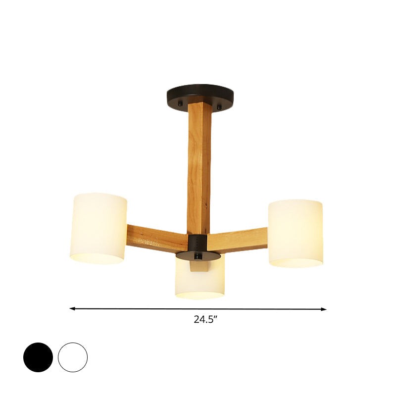 Japanese Style Pendant Chandelier with White Glass Shade and Wood Accents for Bedroom Lighting