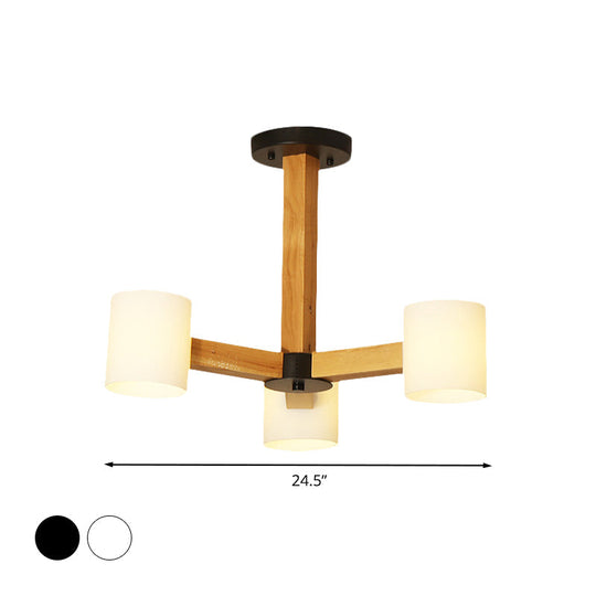 Japanese Style Pendant Chandelier with White Glass Shade and Wood Accents for Bedroom Lighting