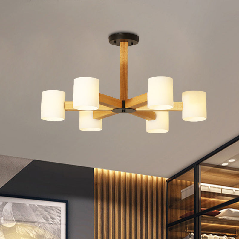 Japanese Style Pendant Chandelier with White Glass Shade and Wood Accents for Bedroom Lighting