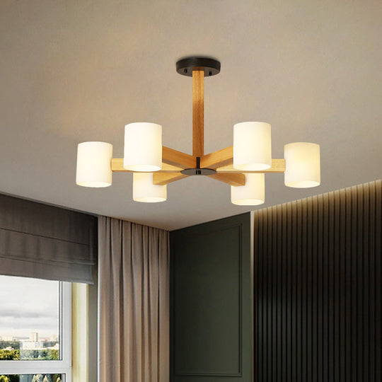 Japanese Style Pendant Chandelier with White Glass Shade and Wood Accents for Bedroom Lighting