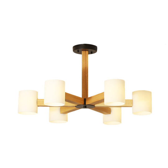 Japanese Style Pendant Chandelier with White Glass Shade and Wood Accents for Bedroom Lighting