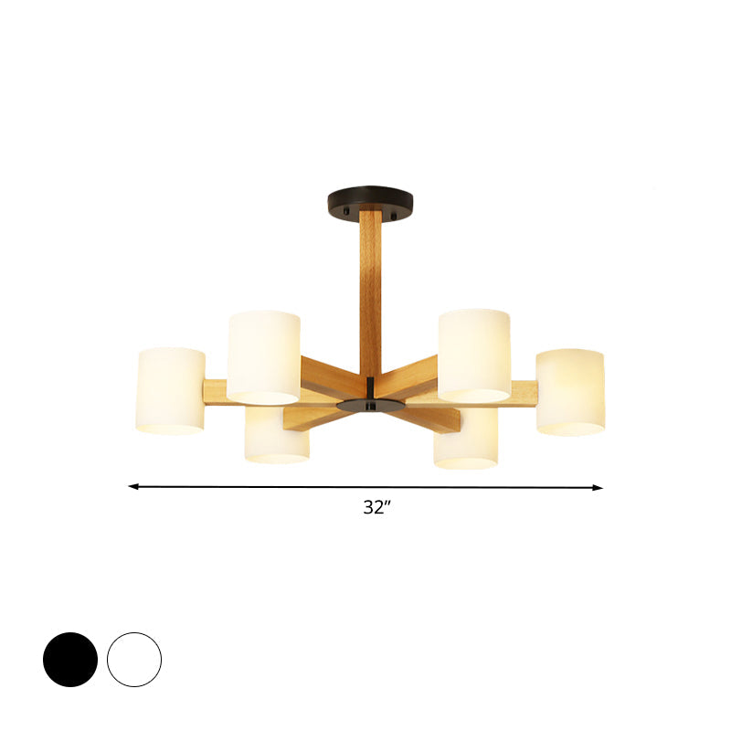 Japanese Style Pendant Chandelier with White Glass Shade and Wood Accents for Bedroom Lighting