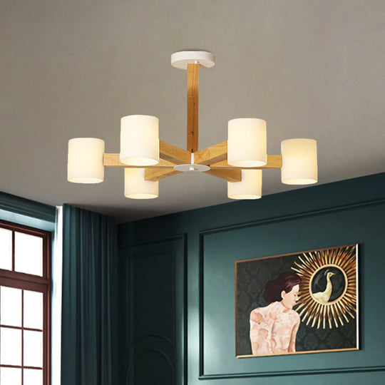 Stylish Japanese Glass & Wood Bedroom Pendant Chandelier With White Cylindrical Shade