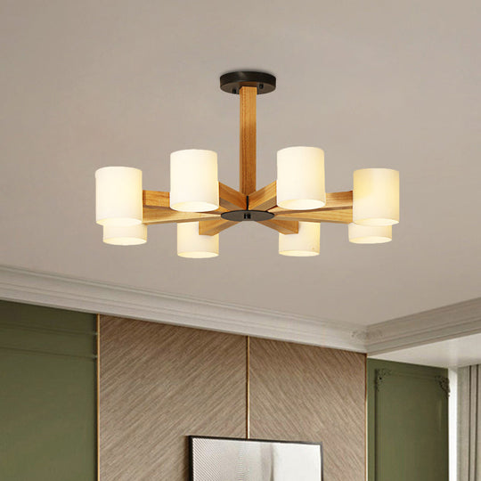 Japanese Style Pendant Chandelier with White Glass Shade and Wood Accents for Bedroom Lighting