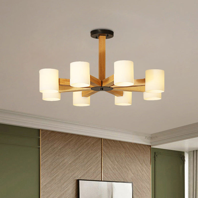 Stylish Japanese Glass & Wood Bedroom Pendant Chandelier With White Cylindrical Shade