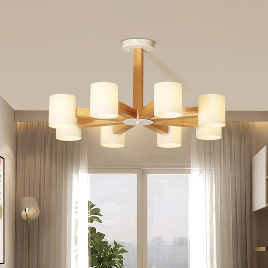 Stylish Japanese Glass & Wood Bedroom Pendant Chandelier With White Cylindrical Shade