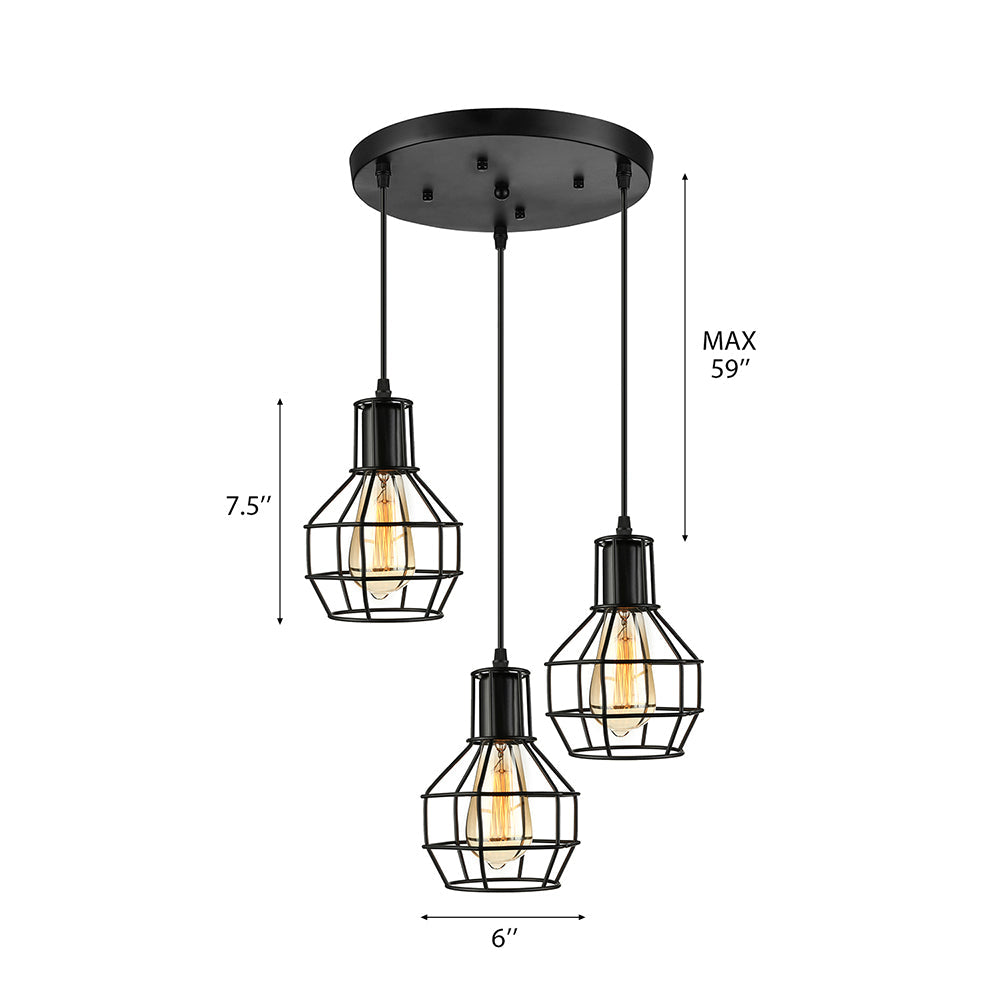 Vintage Global Cage Shade Pendant Lighting with Metallic Finish - 3/7 Heads Hanging Lamp in Black