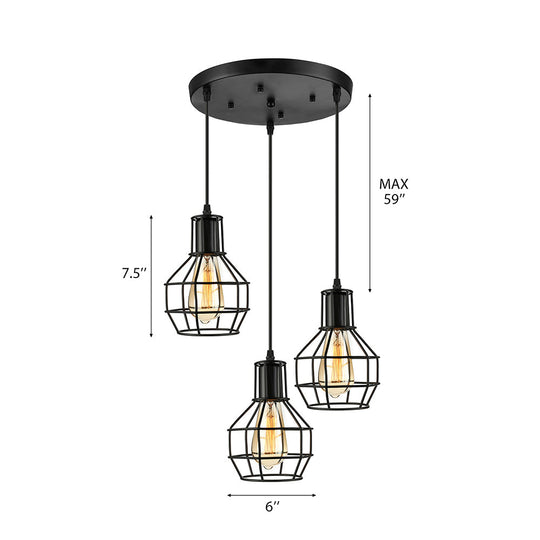 Vintage Global Cage Shade Pendant Lighting with Metallic Finish - 3/7 Heads Hanging Lamp in Black