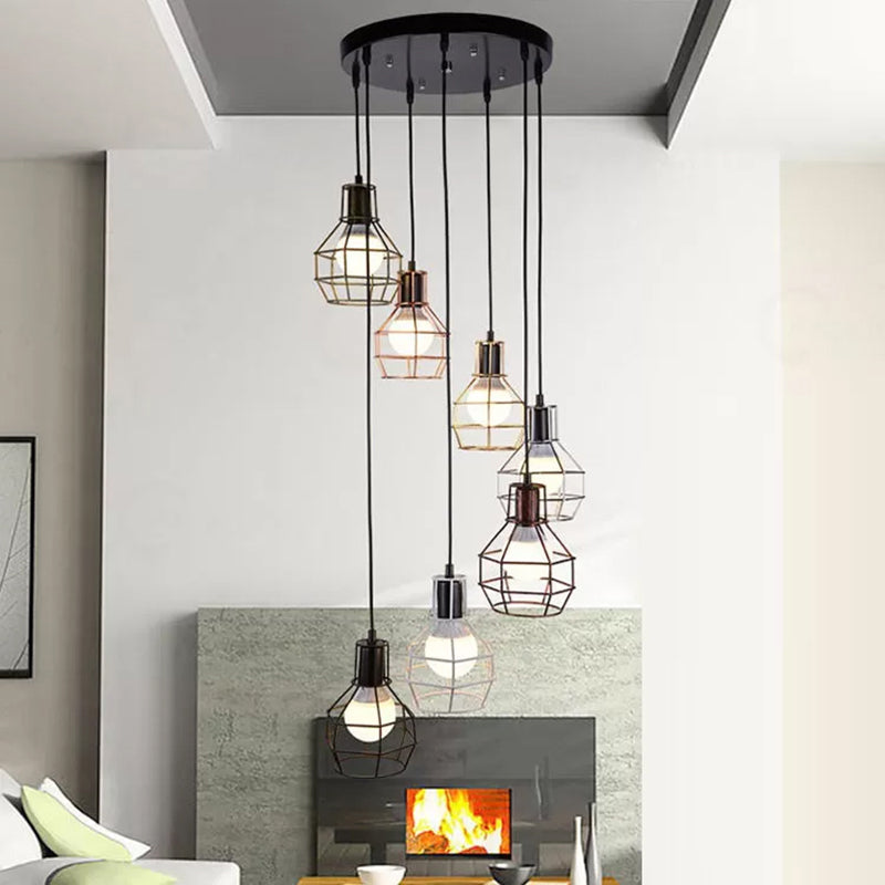 Vintage Metallic Pendant Lighting With Global Cage Shade - 3/7 Heads Hanging Lamp Black 7 /