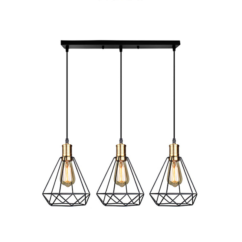 Brass Farmhouse Hanging Lamp with Teardrop Cage Shade and 3 Suspended Bulbs