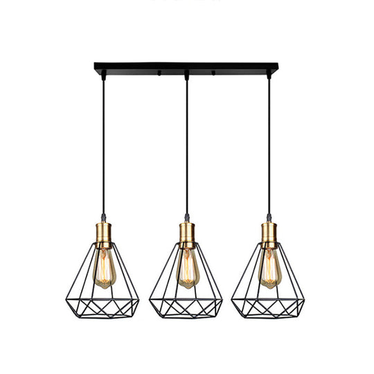 Brass Farmhouse Hanging Lamp with Teardrop Cage Shade and 3 Suspended Bulbs