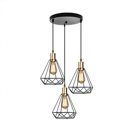 Brass Farmhouse Hanging Lamp with Teardrop Cage Shade and 3 Suspended Bulbs