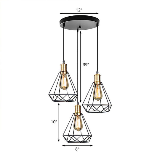 Farmhouse Teardrop Cage Shade Metal Hanging Lamp With Brass Canopy - 3 Heads