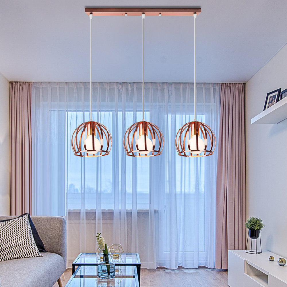 Industrial Copper Domed Metal Hanging Lamp With Wire Cage Shade - 3 Heads Ceiling Pendant For Living