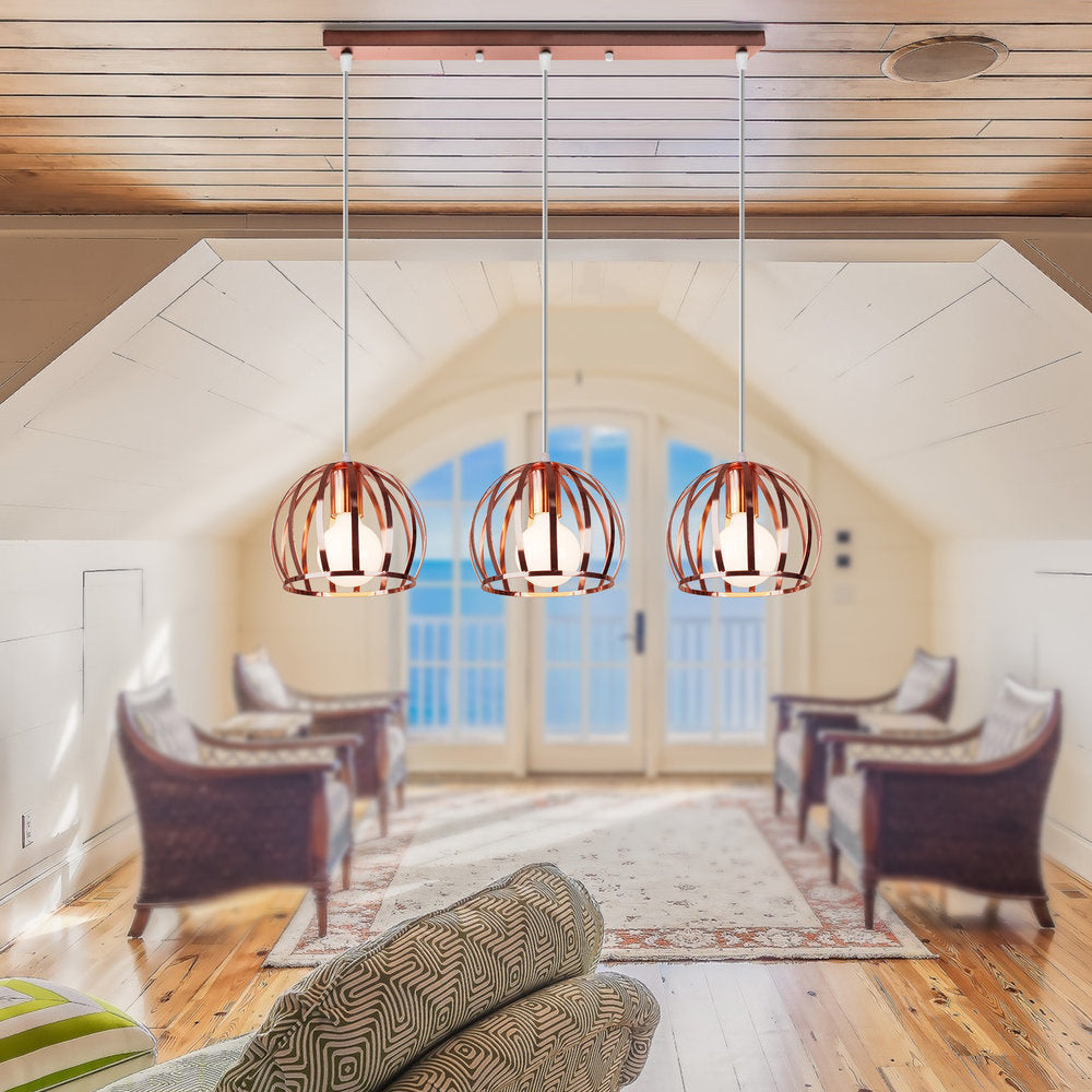 Industrial Copper Domed Metal Hanging Lamp With Wire Cage Shade - 3 Heads Ceiling Pendant For Living