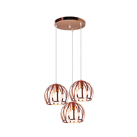 Industrial Copper Domed Metal Hanging Lamp With Wire Cage Shade - 3 Heads Ceiling Pendant For Living