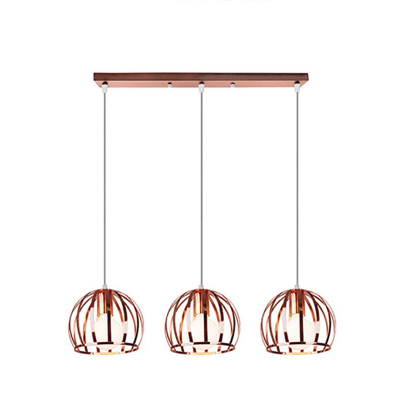 Industrial Copper Domed Metal Hanging Lamp With Wire Cage Shade - 3 Heads Ceiling Pendant For Living