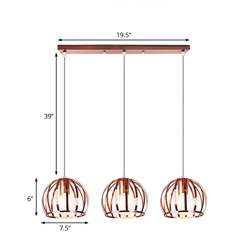 Industrial Copper Domed Metal Hanging Lamp With Wire Cage Shade - 3 Heads Ceiling Pendant For Living