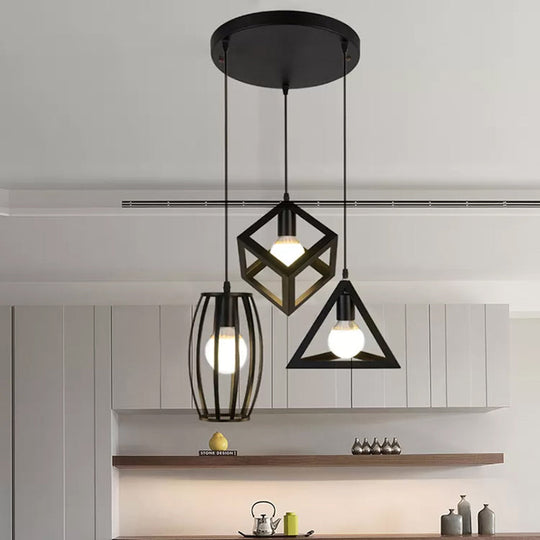 3-Light Pendant Lighting With Retro Metal Cage Shades - Stylish Kitchen Hanging Lamp In Black /