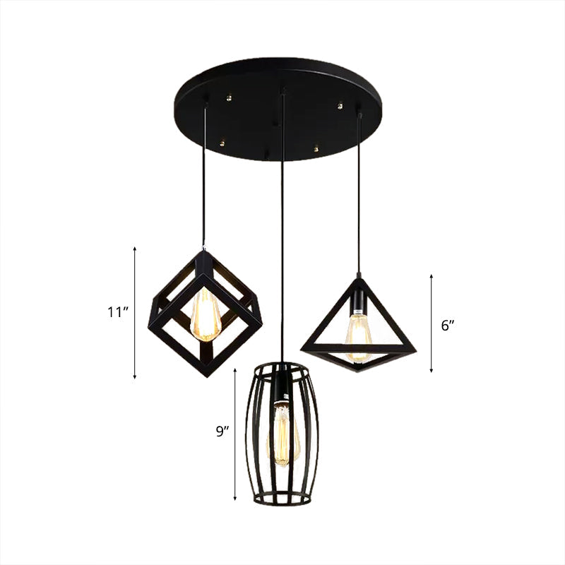 3-Head Pendant Lighting in Black Metal with Retro Stylish Cage Shades for Kitchen, Round/Linear Canopy