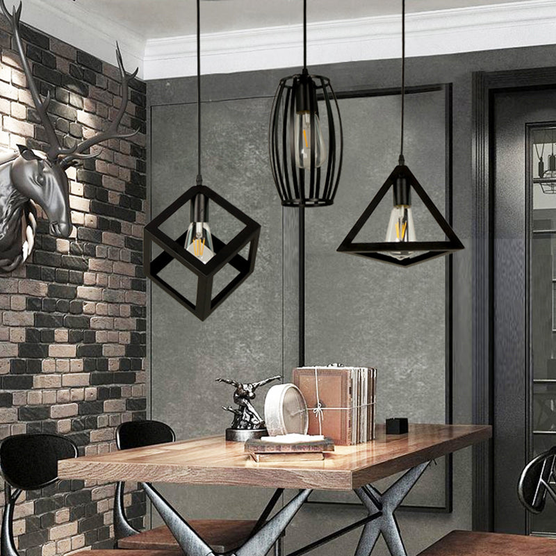 3-Head Pendant Lighting in Black Metal with Retro Stylish Cage Shades for Kitchen, Round/Linear Canopy