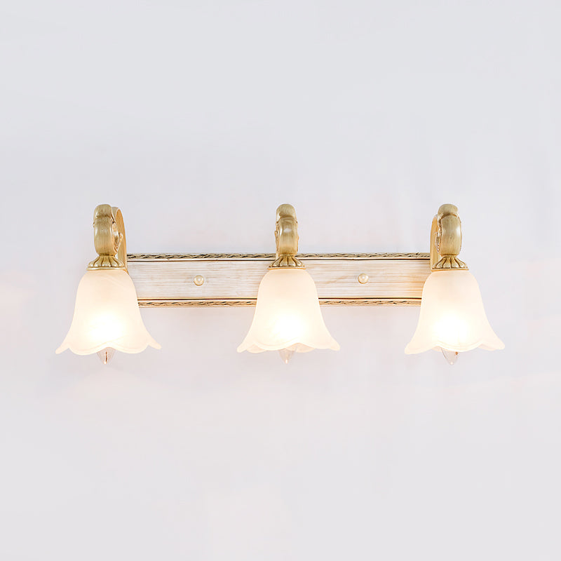 3-Head Colonial Style Gold Opal Glass Wall Mounted Bathroom Vanity Light Fixture