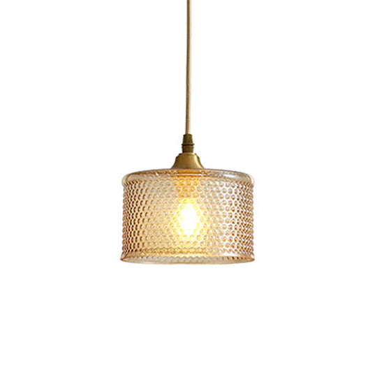 Small Drum Bedside Pendant Light With Simple Latticed Glass And Brass Pendulum