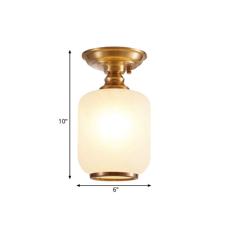 Vintage Corridor Flush Light with Opal Glass Shade in Brass