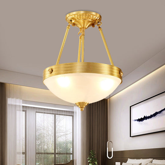 Traditional Frosted Glass Dome Semi Flush Mount Bedroom Ceiling Light, 3 Lights, Brass Finish