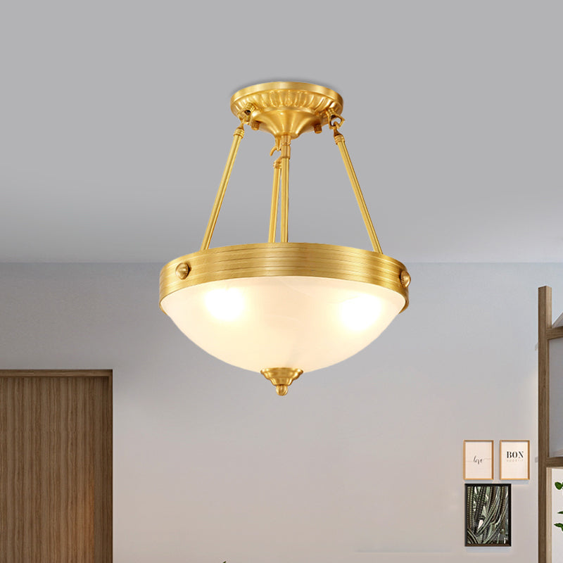 Traditional Frosted Glass Dome Semi Flush Mount Bedroom Ceiling Light, 3 Lights, Brass Finish