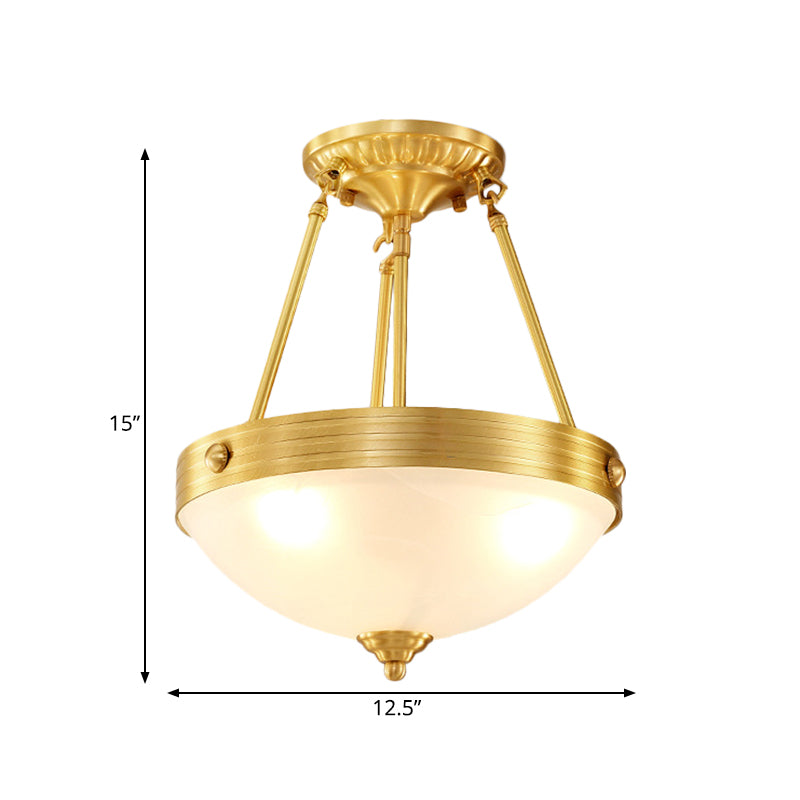 Traditional Frosted Glass Dome Semi Flush Mount Bedroom Ceiling Light, 3 Lights, Brass Finish