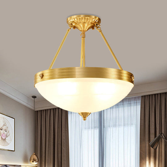 Vintage Brass Bedroom Flushmount Lamp: 4-Head Semi Flush Light Fixture with Frosted Glass Dome Shade