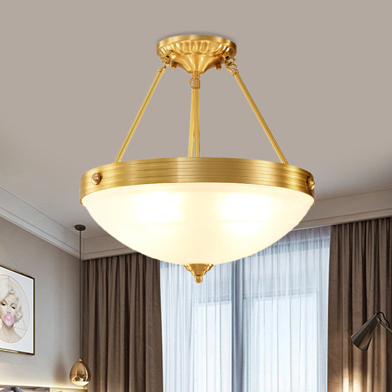 Vintage Brass Bedroom Flushmount Lamp: 4-Head Semi Flush Light Fixture With Frosted Glass Dome Shade