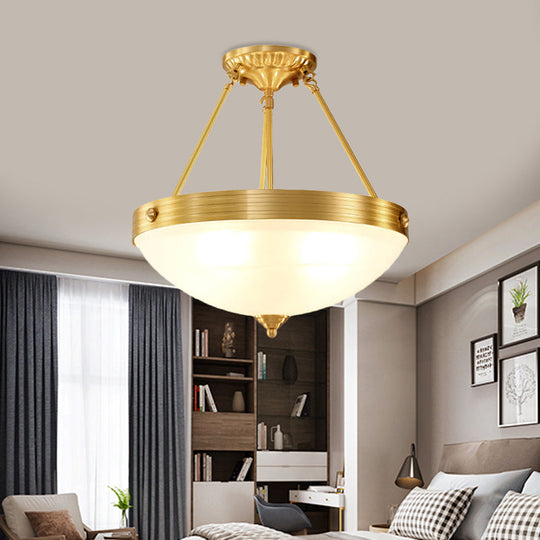 Vintage Brass Bedroom Flushmount Lamp: 4-Head Semi Flush Light Fixture with Frosted Glass Dome Shade