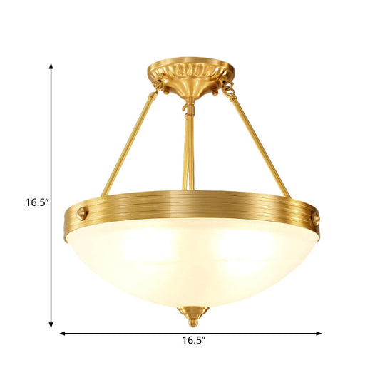 Vintage Brass Bedroom Flushmount Lamp: 4-Head Semi Flush Light Fixture with Frosted Glass Dome Shade