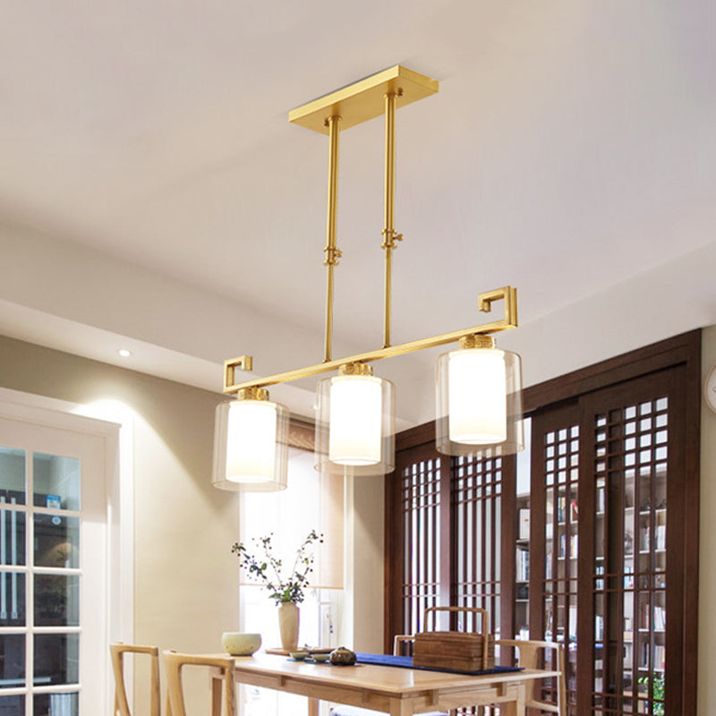 Classic 2-Layer Cylinder Island Lighting: Clear And Opal Glass Pendulum Lamp 3 Heads Brass Finish