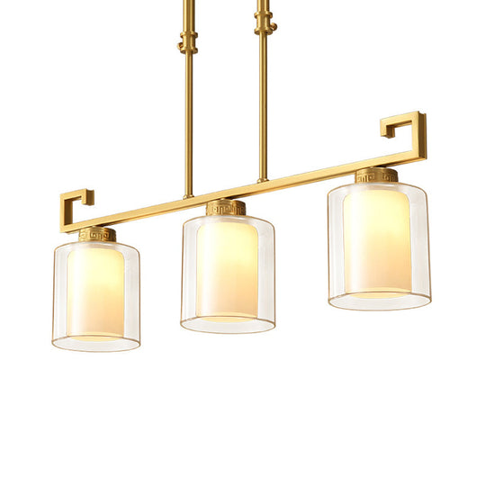 Classic 2-Layer Cylinder Island Lighting: Clear And Opal Glass Pendulum Lamp 3 Heads Brass Finish