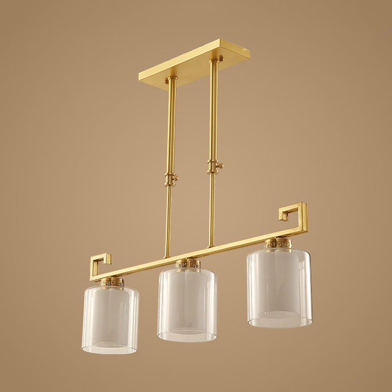 Classic 2-Layer Cylinder Island Lighting: Clear And Opal Glass Pendulum Lamp 3 Heads Brass Finish