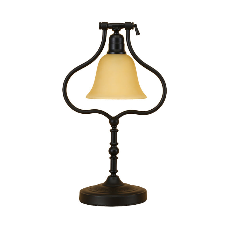 Traditional Black Iron Frame Table Light With Rotating Pear Base Flared Glass Shade - Perfect For