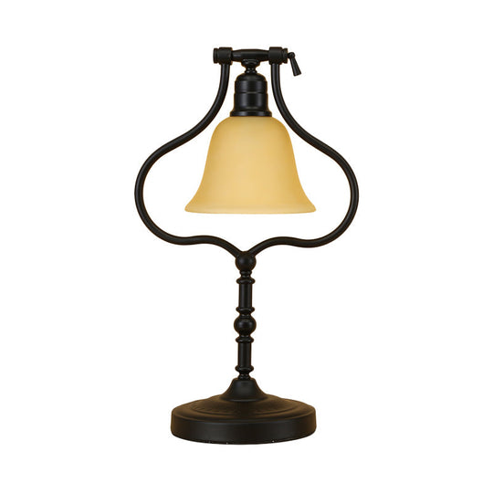 Traditional Black Iron Frame Table Light With Rotating Pear Base Flared Glass Shade - Perfect For