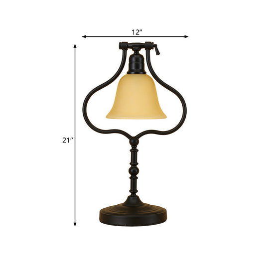 Traditional Black Iron Frame Table Light With Rotating Pear Base Flared Glass Shade - Perfect For