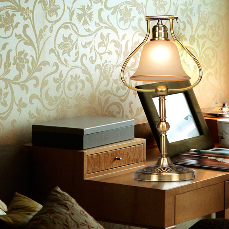 Vintage Opal Glass Table Lamp With Brass Jar Frame And Bell Shade