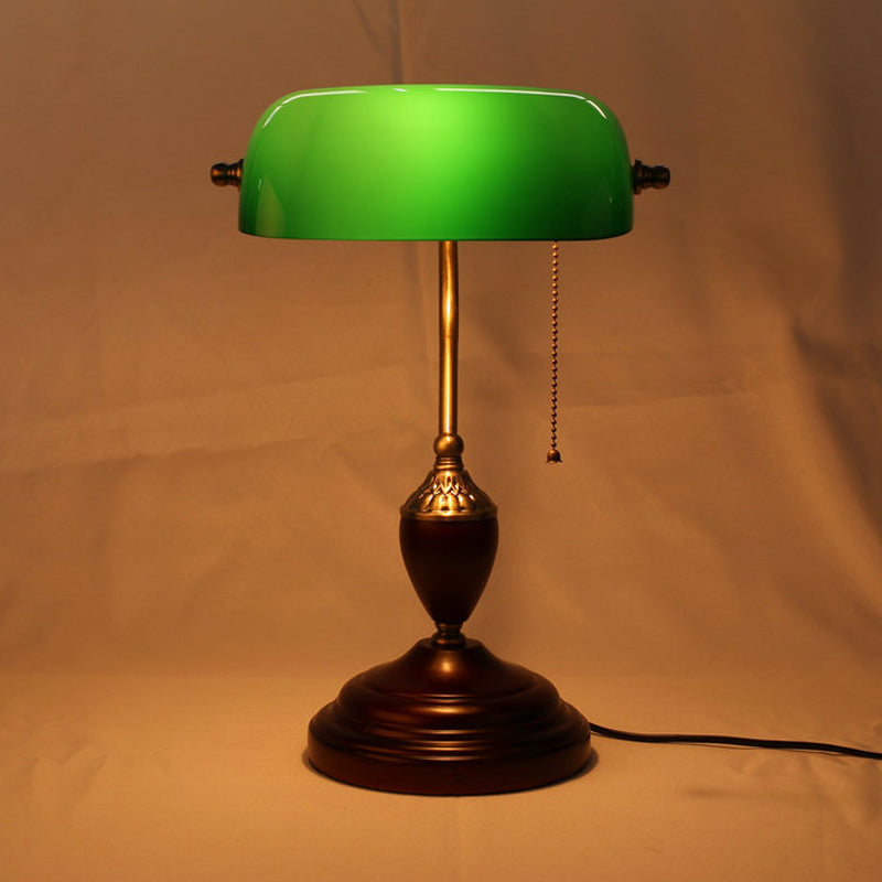 1-Light Red Brown Retro Table Lamp With Green Glass Half Cylinder And Pull Chain