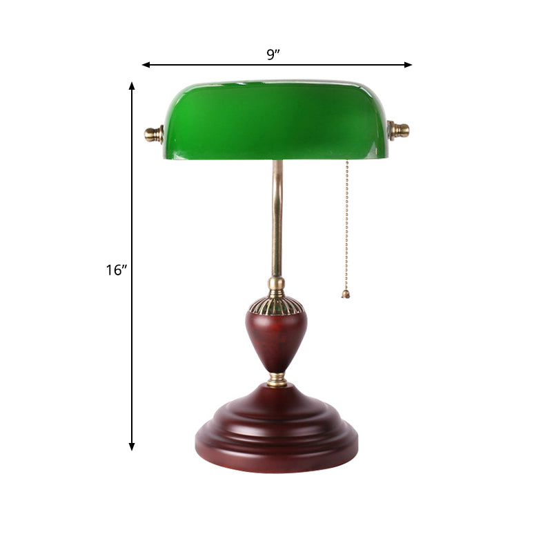 1-Light Red Brown Retro Table Lamp With Green Glass Half Cylinder And Pull Chain