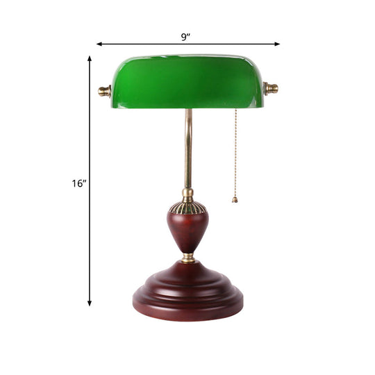 1-Light Red Brown Retro Table Lamp With Green Glass Half Cylinder And Pull Chain