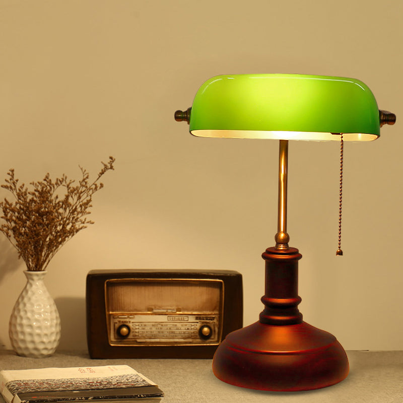 Retro Metal Lounge Table Lamp: Nightstand Light With Green Half-Oblong Shade & Pull Chain