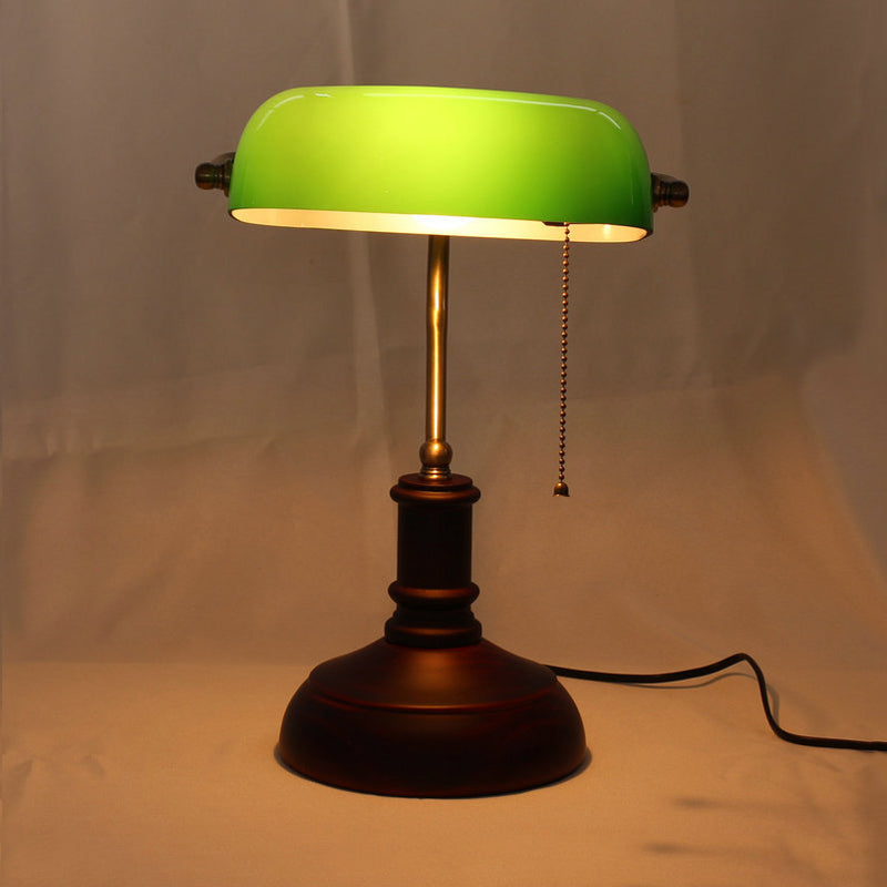 Retro Metal Lounge Table Lamp: Nightstand Light With Green Half-Oblong Shade & Pull Chain