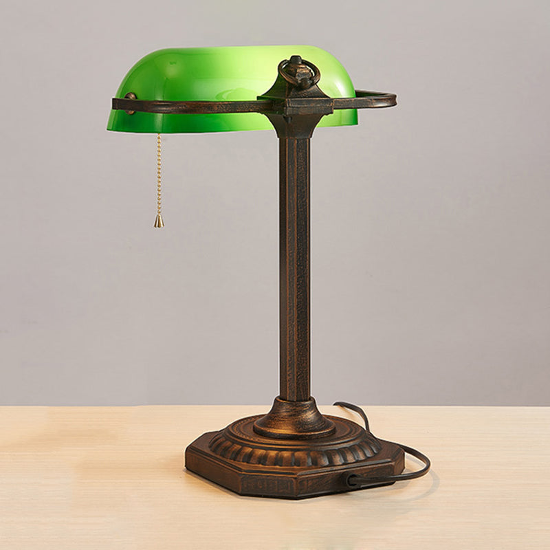 Adjustable Retro Pull Chain Table Lamp - Green Glass Night Light With Antiqued Bronze Finish