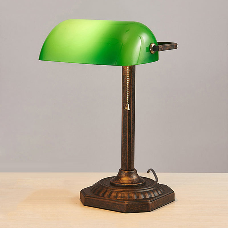 Adjustable Retro Pull Chain Table Lamp - Green Glass Night Light With Antiqued Bronze Finish