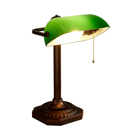 Adjustable Retro Pull Chain Table Lamp - Green Glass Night Light With Antiqued Bronze Finish